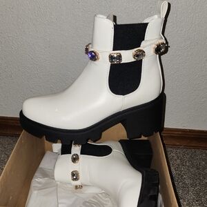 Elegant White Ankle Boots with Gemstone Details
